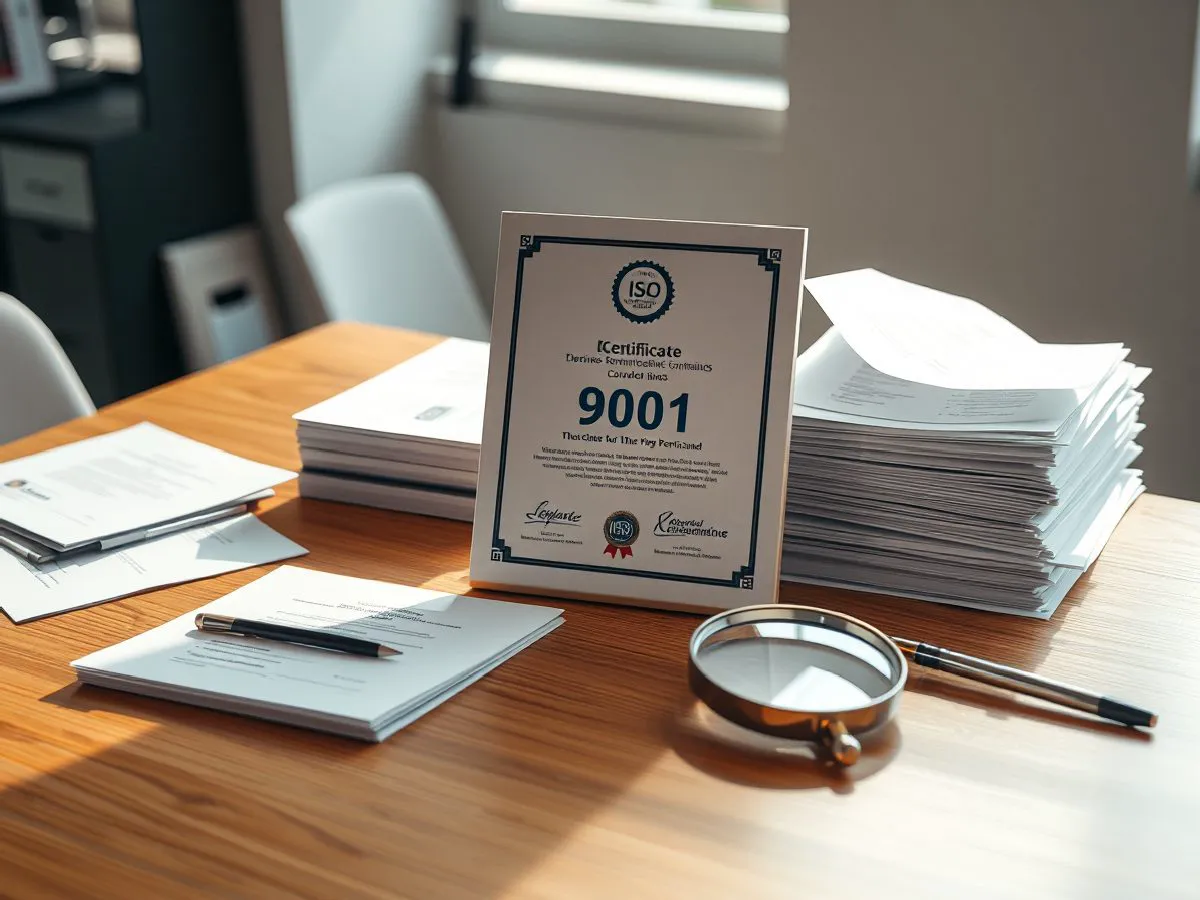 ISO 9001认证证书与纸品样品摆放在办公桌上